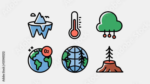 Environmental Vector Icon Set for Climate Change, Nature Conservation, Eco-Friendly Designs, Global Warming Awareness, and Sustainability Themes