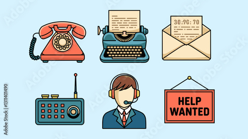 Vintage Communication Icons Set for Graphic Design, Including Telephone, Typewriter, Email, Radio, and Help Wanted Sign for Creative Projects