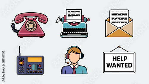 Vector Icon Set of Communication Tools, Telephones, Typewriters, Headsets, and Help Wanted Signs for Business and Marketing Illustrations