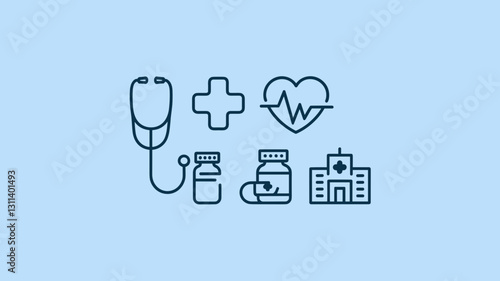 Medical Vector Icon Set: Stethoscope, Heartbeat, Hospital, Medicine, Health Symbols for Healthcare, Pharmacy, and Wellness Projects