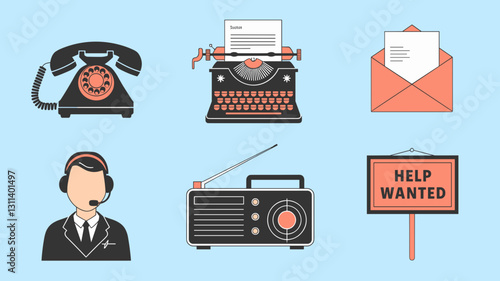 Vintage Communication Vector Icon Set with Telephone, Typewriter, Radio, and Help Wanted Sign for Retro Design and Marketing Projects