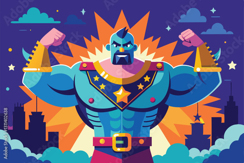 A bold superhero flexes muscles while striking a heroic pose in a colorful urban setting, Powerful Customizable Flat Illustration