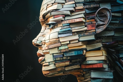 Artistic Profile of Human Face Composed of Colorful Books Stacks