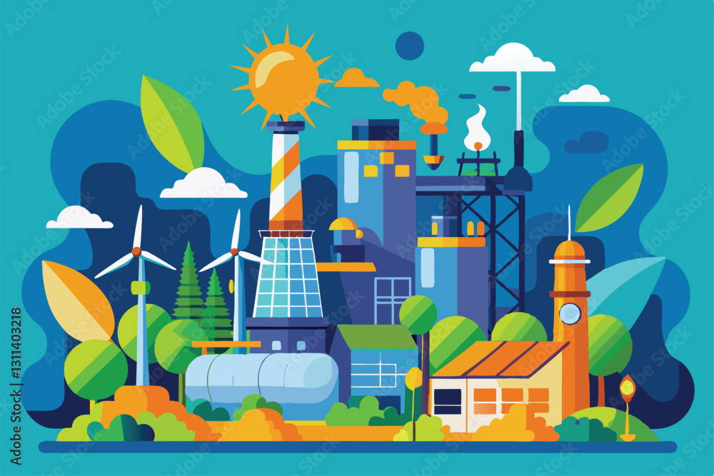 Power plants harnessing solar and wind energy with green technology during a sunny day in a lush environment, Power plants set, Alternative energy and fuel, Power plants harnessing solar and wind energy with green technology during a sunny day in a lush environment, Power plants set, Alternative energy and fuel,