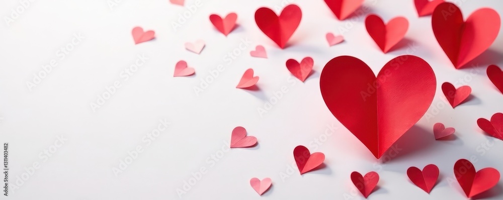Numerous red paper hearts on white, Valentine's Day concept , delicate, love, february Numerous red paper hearts on white, Valentine's Day concept , delicate, love, february
