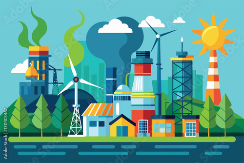 A colorful depiction of various power plants integrating wind, solar, and other alternative energy sources, Power plants set, Alternative energy and fuel,