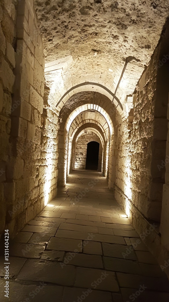 Fototapeta premium Dimly lit stone corridor with arches and shadows