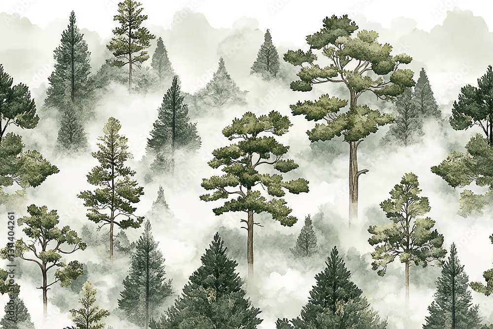 Fototapeta premium Lush green forest scene with towering trees shrouded in mist, evoking tranquility and nature's beauty