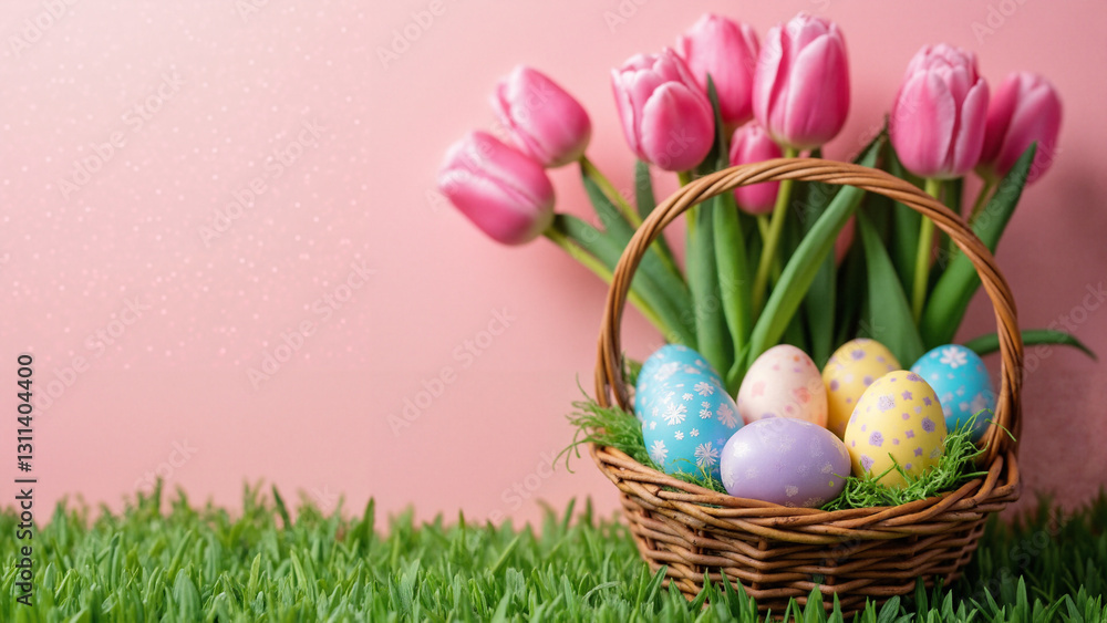 Charming Wicker Basket Filled with Colorful Easter Eggs and Pink Tulips - Perfect for Seasonal Marketing and Holiday Promotions Charming Wicker Basket Filled with Colorful Easter Eggs and Pink Tulips - Perfect for Seasonal Marketing and Holiday Promotions