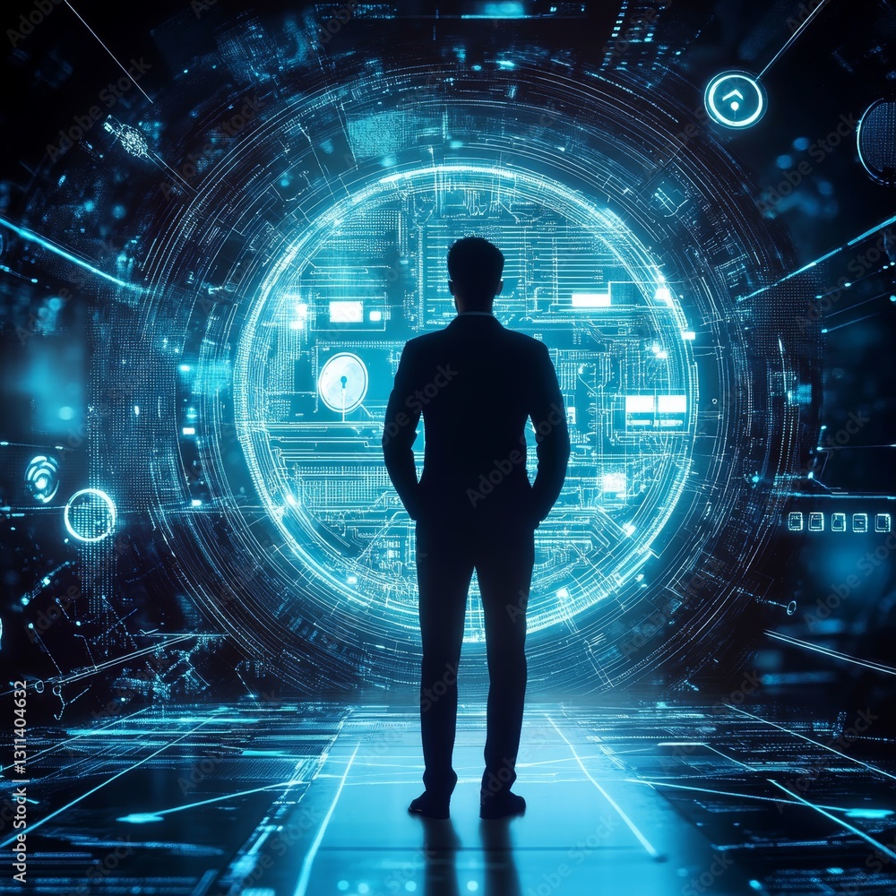 A man stands in front of a computer screen that is filled with blue A man stands in front of a computer screen that is filled with blue