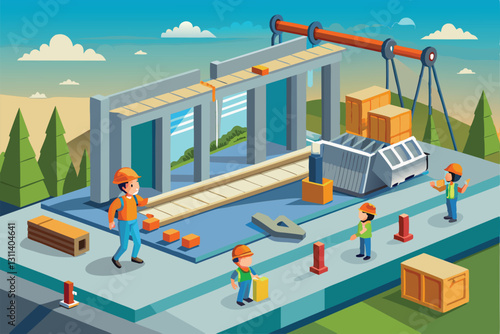 Workers install prefabricated concrete panels at Anima while coordinating with machinery and equipment, Prefabricated Concrete Panel Installation in Animated Illustration