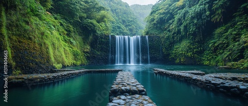 Serene waterfall cascading into tranquil pool surrounded by lush greenery