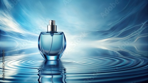 Serene Aqua Fragrance Bottle on a Tranquil Water Surface Reflecting a Calming Sky