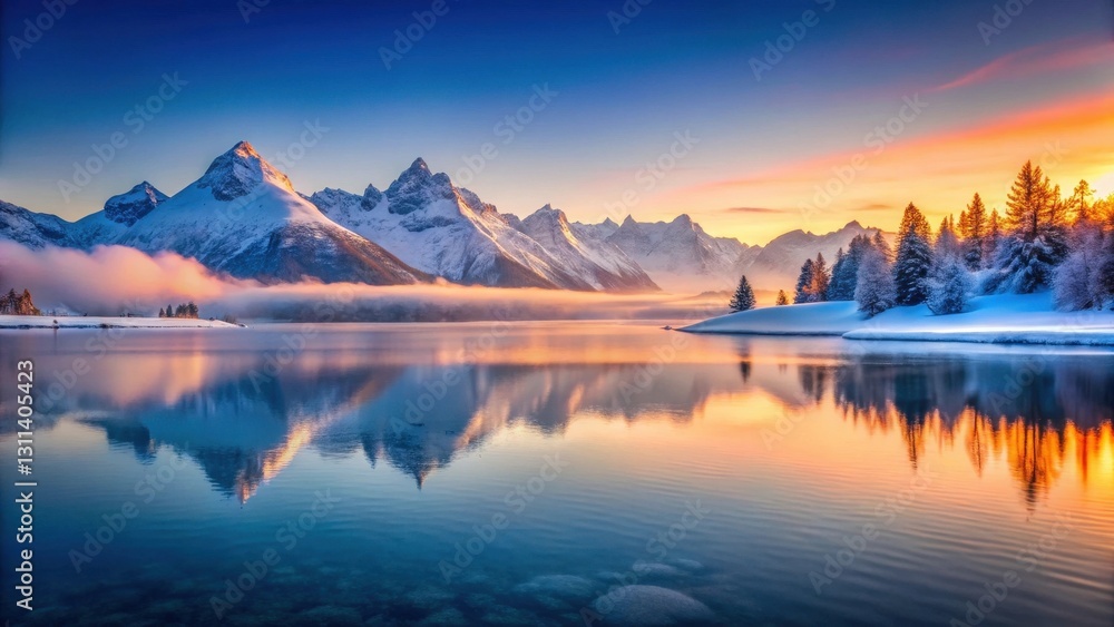 Fototapeta premium Serene Winter Sunrise Over Majestic Mountain Range Reflecting in Calm Lake Waters