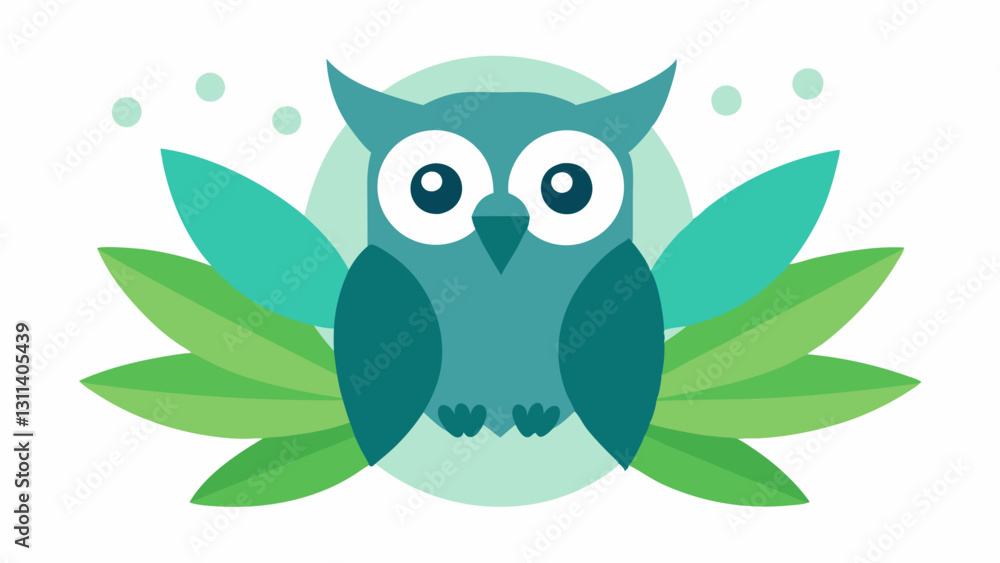 Fototapeta premium WideEyed Owl A Leaves An owl surrounded by whimsical leaves in varying shades of green its head ed to the side as it gazes curiously at an unseen object. The owls wide circular