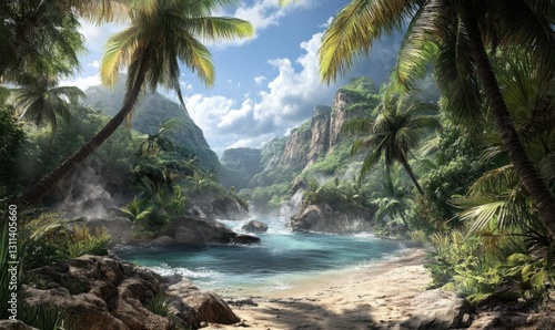 Fototapeta Naklejka Na Ścianę i Meble -  Tropical cove with palm trees, cliffs, and sandy beach