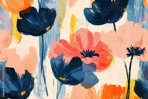Vivid floral abstract design featuring colorful blooms on a textured background with bold brush strokes