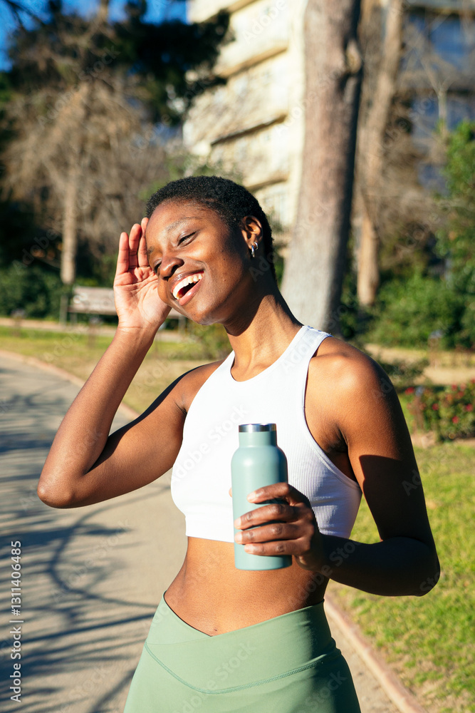 Fototapeta premium Happy sporty black woman drinking water after training outdoors in a park