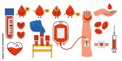 Blood bag, hearts, cute drop mascot. Hand drawn Vector illustrations. Hematology icons set. Donate Blood, Health Care Concept. World Blood Donor Day. Trendy digital art. All elements are isolated