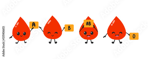 Cute cartoon blood drop holding paper. Blood type or blood group vector illustration. Hand drawn flat kawai character for blood type donor icons.