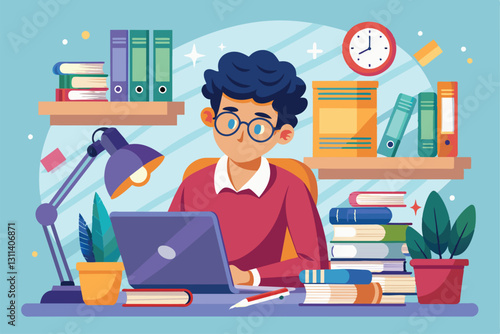 A focused student prepares for upcoming exams, using a laptop amid textbooks and study aids, preparation for student exams or exams