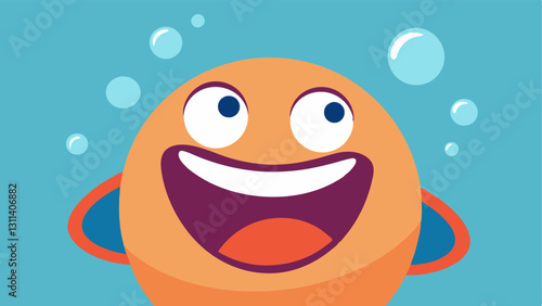 Upturned Eyes and Flushed Cheeks A cartoon character with big circular eyes that are partially closed in joy showcasing a wide toothy grin. The are rounded and flushed adding to
