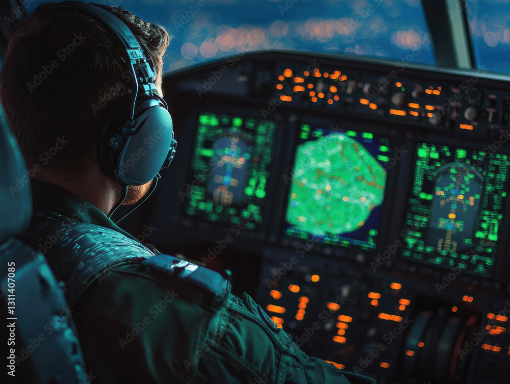 Obraz premium Pilot navigating airplane cockpit at night with focus and precision