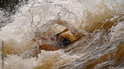 Kayaker plunging into a roaring rapid, water splashing violently-3