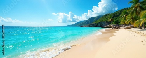 Sun-drenched coastal view, turquoise water, sandy beach, summer landscape, coastal