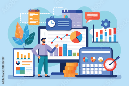 A person prepares monthly reports using charts and statistics displayed on multiple screens and devices, prepare monthly reports, calendars charts statistics and digital technology
