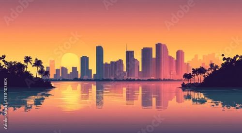 Tropical city skyline sunset reflection