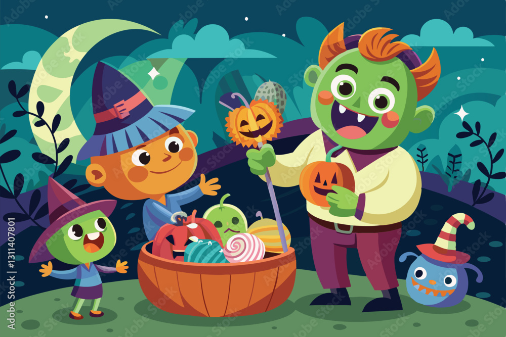 Naklejka premium Kids are excitedly preparing a Halloween candy basket filled with colorful treats and decorations, Preparing halloween candies basket Customizable Cartoon Illustration