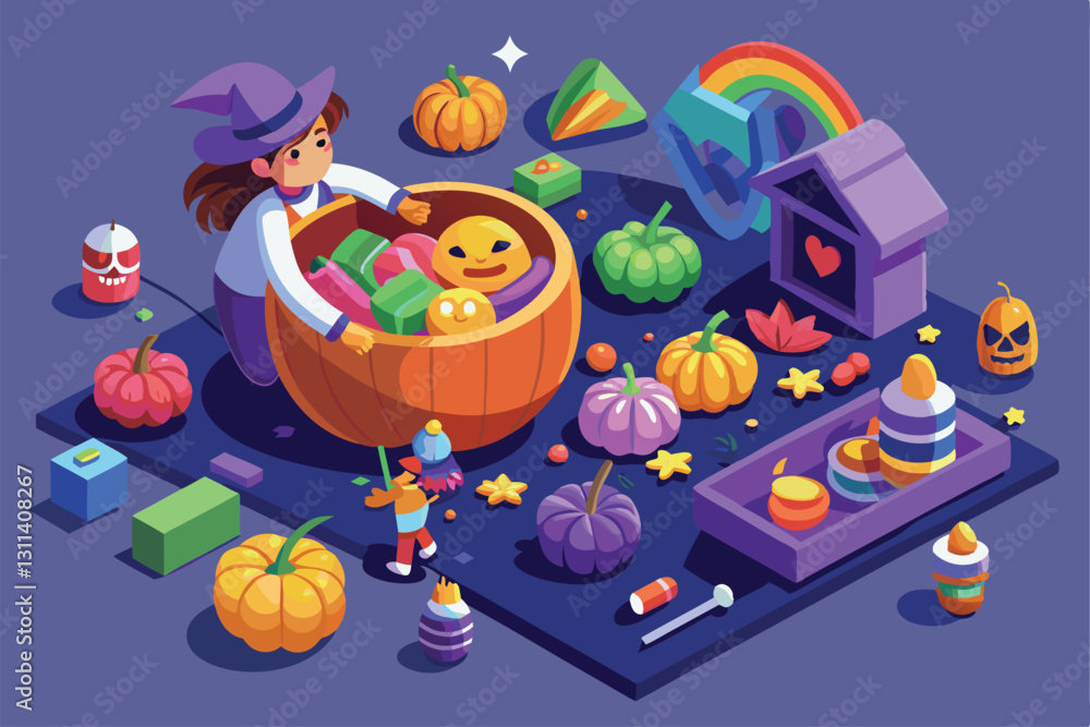 Obraz premium A person fills a colorful basket with Halloween candies and decorations, surrounded by vibrant pumpkins, Preparing halloween candies basket Customizable Flat Illustration