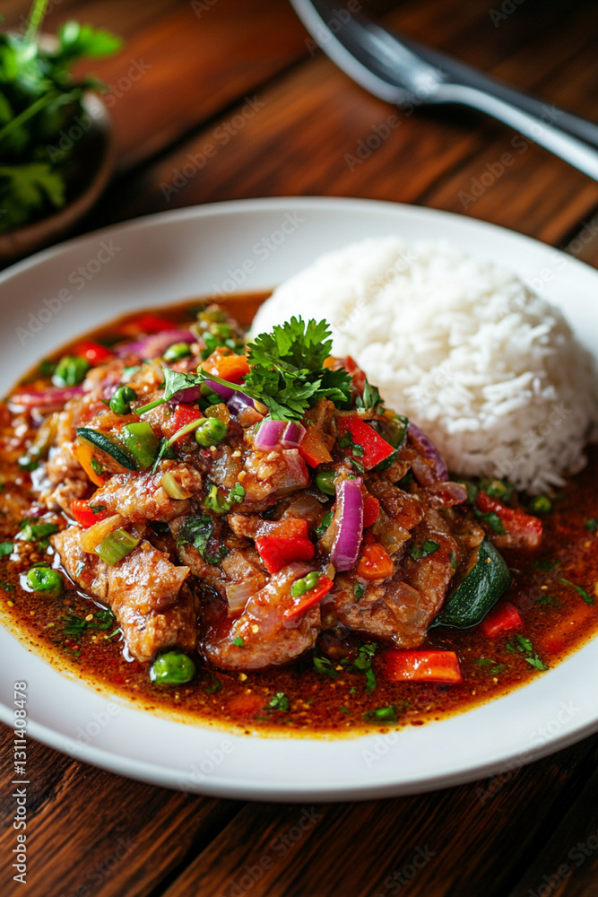 Fried pork in spicy sauce with vegetables, served with rice and herbs Fried pork in spicy sauce with vegetables, served with rice and herbs