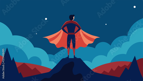 Victorious Stand A person stands triumphantly on a tall hill hands on hips in a classic superhero stance. The cape spreads behind them like wings and behind them a distant