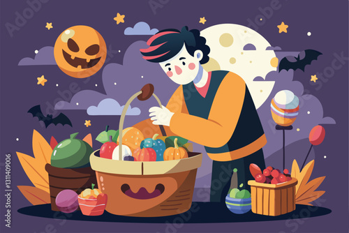 A person prepares a festive Halloween candy basket filled with various sweets surrounded by spooky decor, Preparing halloween candies basket Customizable Flat Illustration