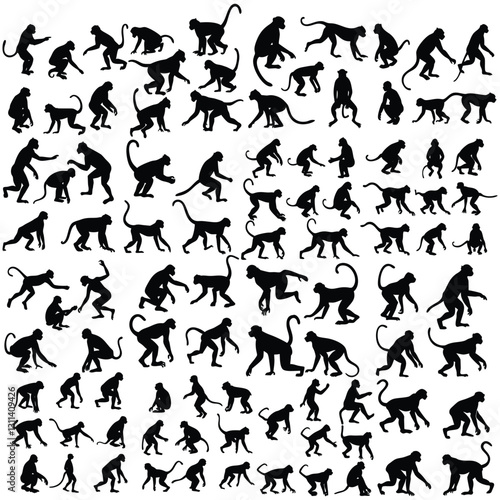 Monkey silhouettes vector set. monkey, primate, wildlife, animal, black silhouette, posture, movement, jumping, walking, sitting.