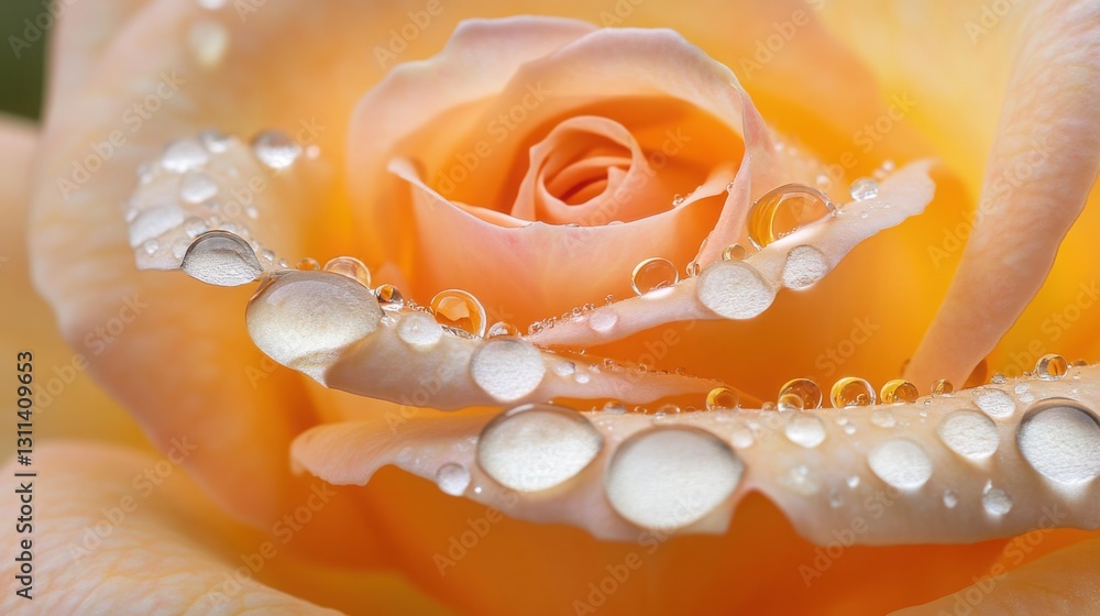 Fototapeta premium A stunning macro photograph capturing crystal-clear dewdrops resting on the soft petals of a vibrant rose