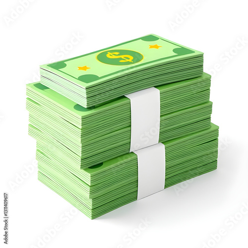 AI generated 3D money stack with white band and yellow stars, wealth and finance concept