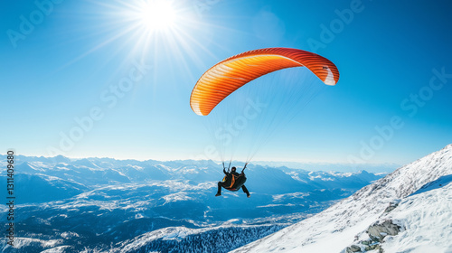 Paraglider soaring under clear winter skies-3