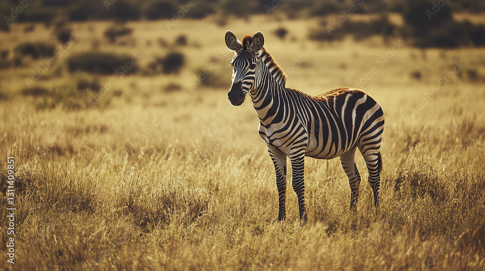 Fototapeta premium Zebra standing in golden savanna under warm sunlight