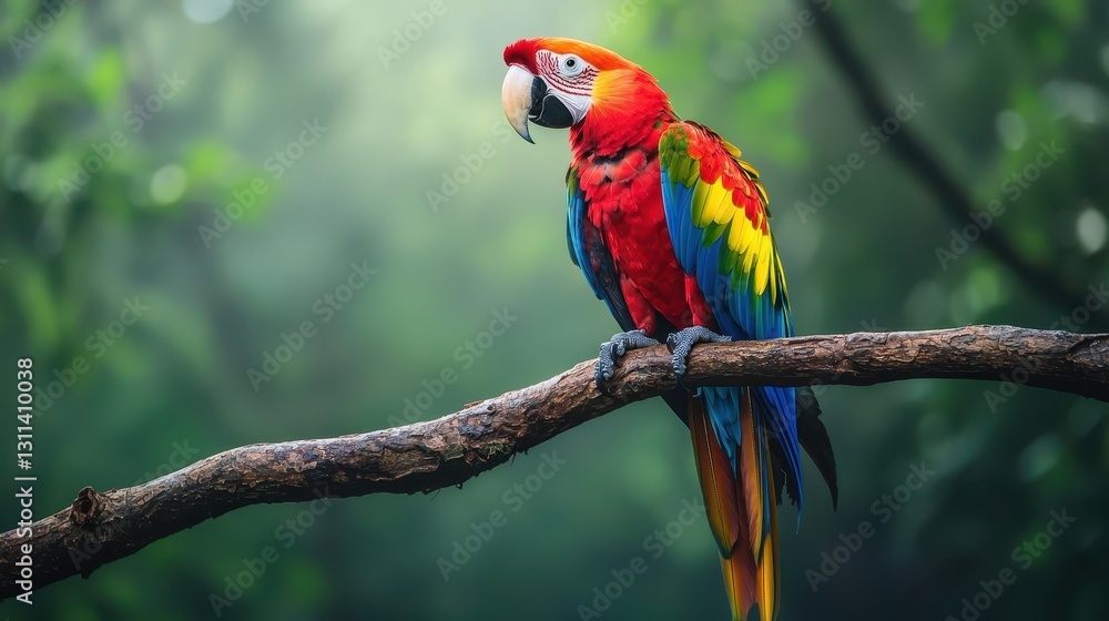 Obraz premium Vibrant Scarlet Macaw Perched on a Branch in Lush Green Forest
