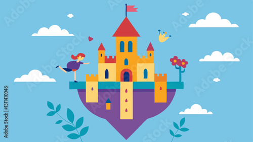 Whimsical Realm A playful vector illustration of a fantastical upsidedown castle complete with battlements and a vibrant garden at the top. Little figures float in midair dressed