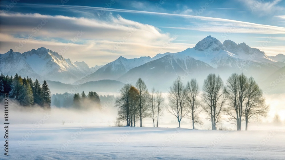 Serene Winter Landscape Snow-Covered Field, Misty Mountains, and Bare Trees at Dawn Serene Winter Landscape Snow-Covered Field, Misty Mountains, and Bare Trees at Dawn