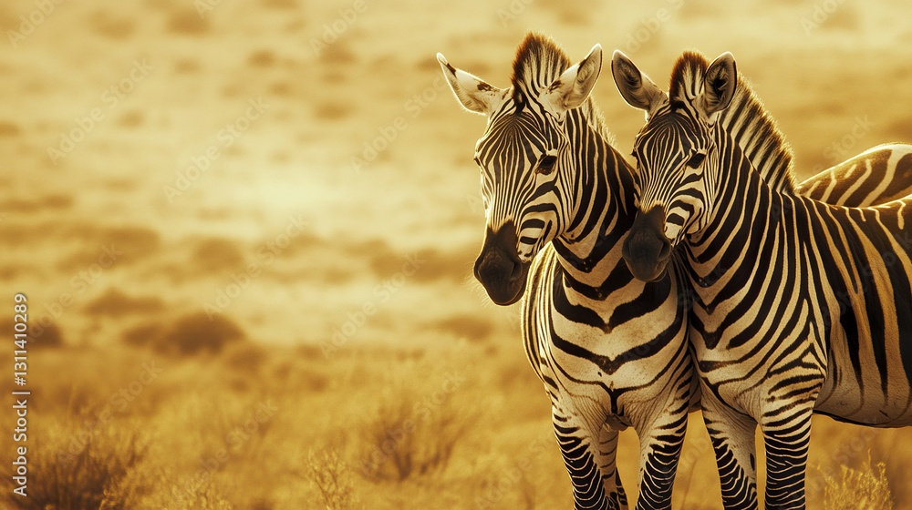 Obraz premium Two zebras standing together in golden savanna landscape