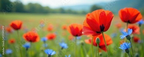 Vibrant red poppies, blue cornflowers, swaying gently in summer breeze, day, floral