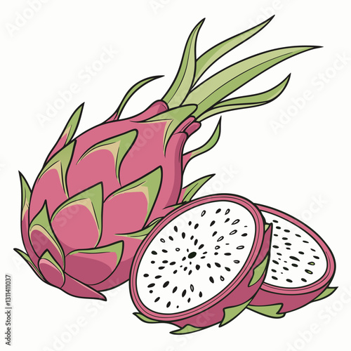 Dragonfruit pitahaya in vibrant illustration with sliced pieces