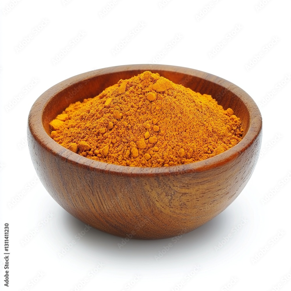 wooden bowl filled with turmeric, white background. wooden bowl filled with turmeric, white background.