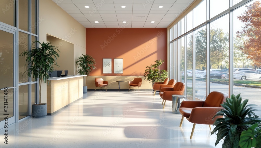 Modern, bright waiting area with reception desk and comfortable seating. Modern, bright waiting area with reception desk and comfortable seating.