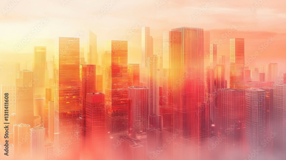 Abstract Sunrise Cityscape Featuring Soft Hues and Misty Atmosphere Over Urban Skyline Abstract Sunrise Cityscape Featuring Soft Hues and Misty Atmosphere Over Urban Skyline